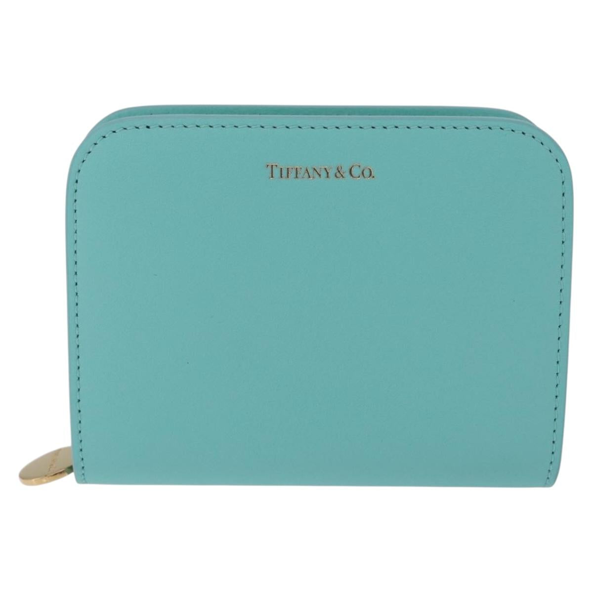 Tiffany & Co. Compact Wallet Leather Light Blue Gold Auth BA16753V