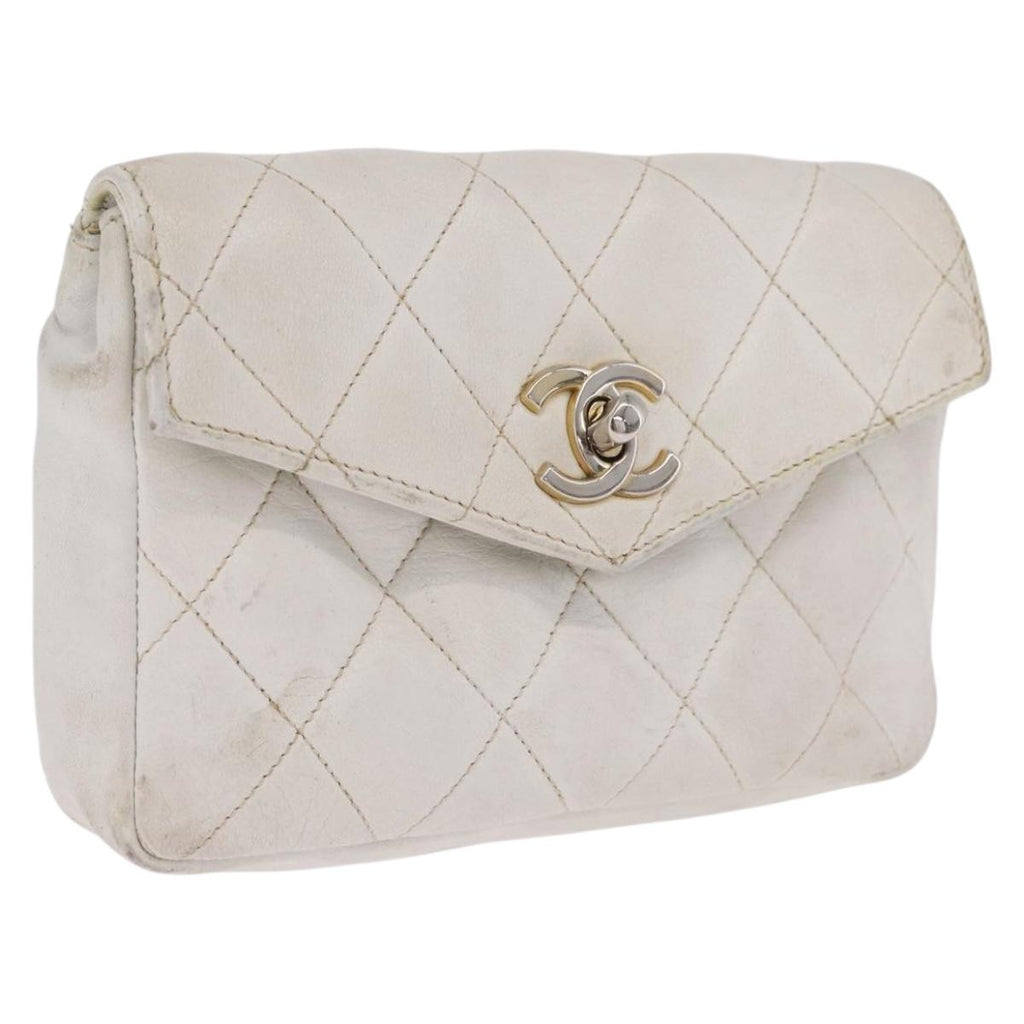 CHANEL Matelasse Waist Bag Lamb Skin White Gold CC Auth BA16757