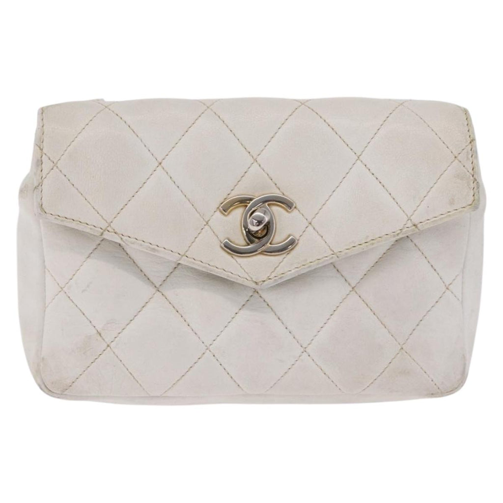 CHANEL Matelasse Waist Bag Lamb Skin White Gold CC Auth BA16757