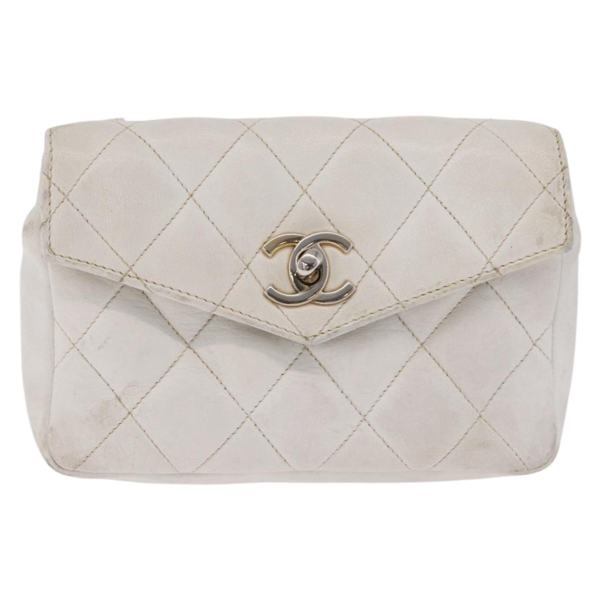 CHANEL Matelasse Waist Bag Lamb Skin White Gold CC Auth BA16757