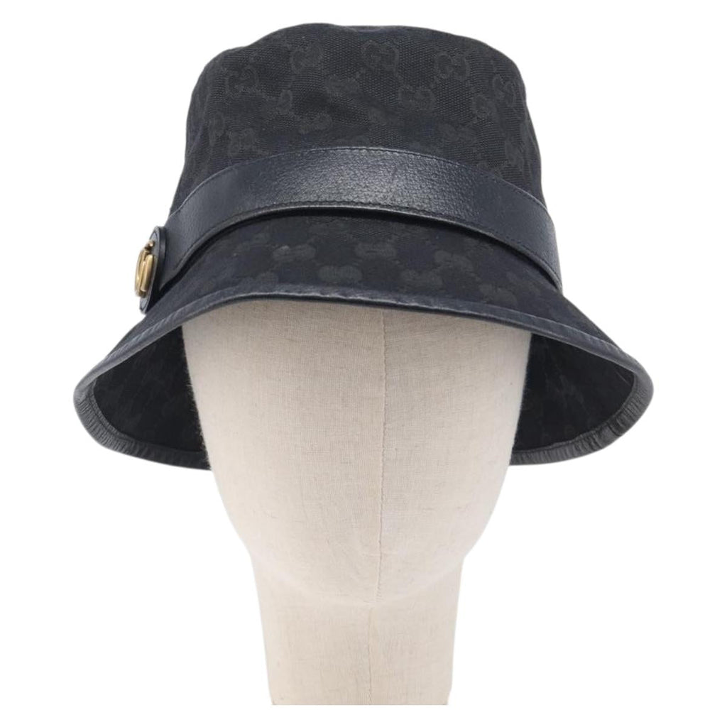 GUCCI GG Canvas Bucket Hat Black Gold Tone 576587 Auth BA16873V