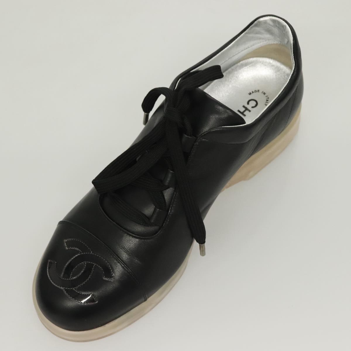 CHANEL Sneakers Lamb Skin 39 Black CC Auth BA2712
