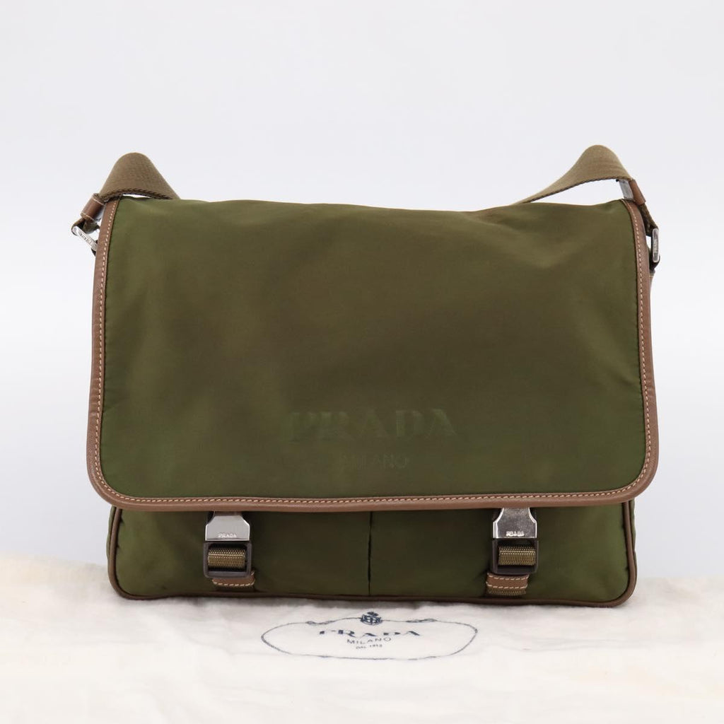 PRADA Shoulder Bag Nylon Khaki Silver Auth bs36961