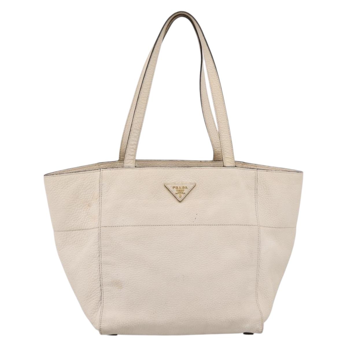 PRADA Tote Bag Leather White Gold Auth bs37576