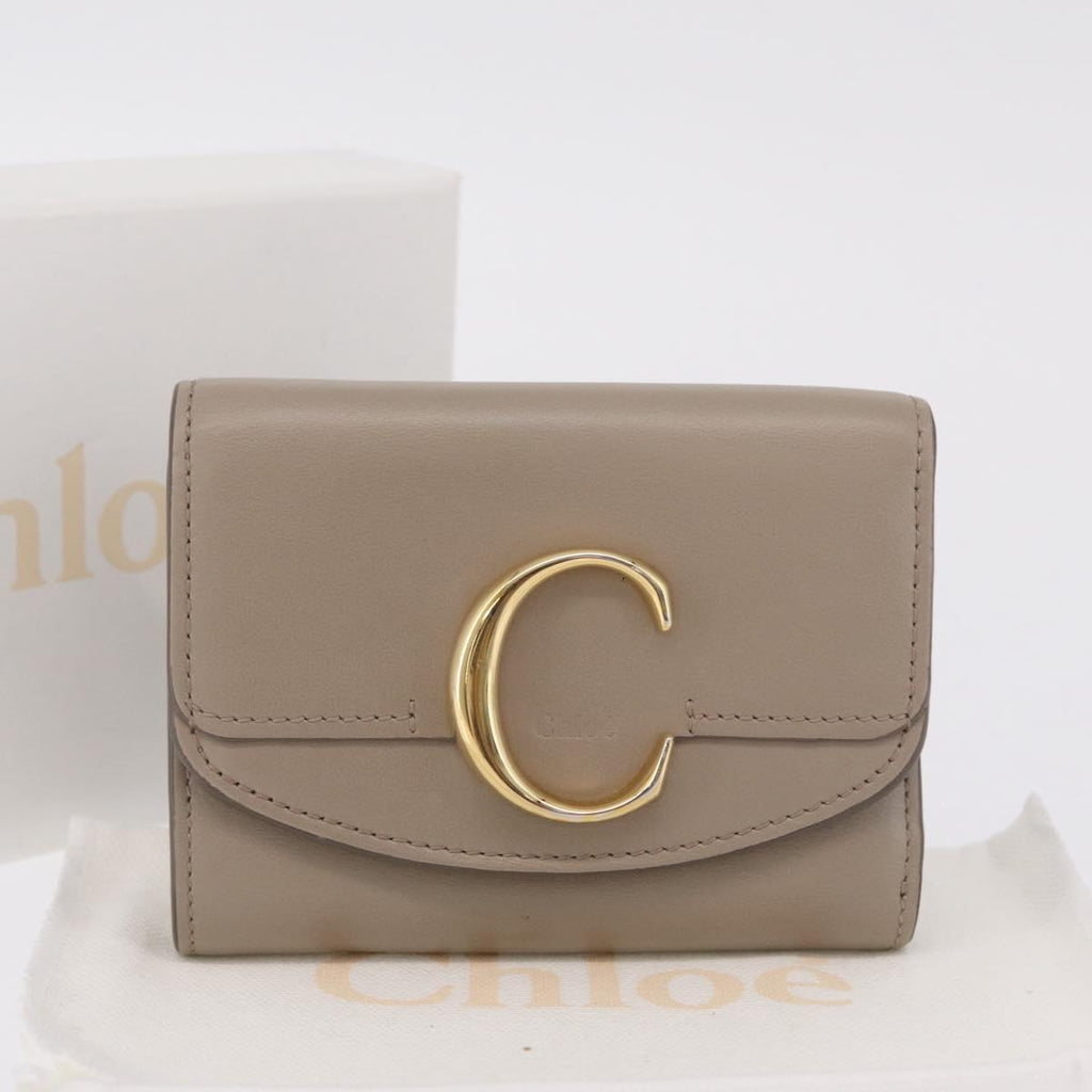 Chloe C Trifold Wallet Leather Beige Gold Tone Auth bs37768A