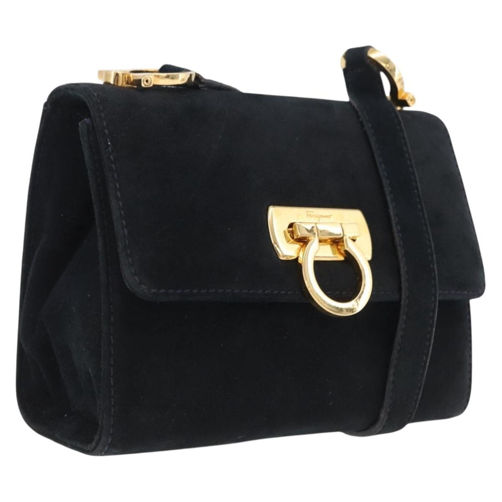 Salvatore Ferragamo Gancini Shoulder Bag Suede Navy Gold Tone Auth bs37795