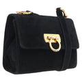 Salvatore Ferragamo Gancini Shoulder Bag Suede Navy Gold Tone Auth bs37795