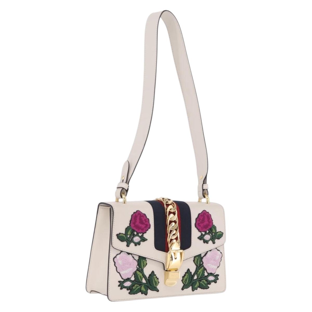 GUCCI Silvi Shoulder Bag Leather White Gold Tone 421882 Auth bs37879A