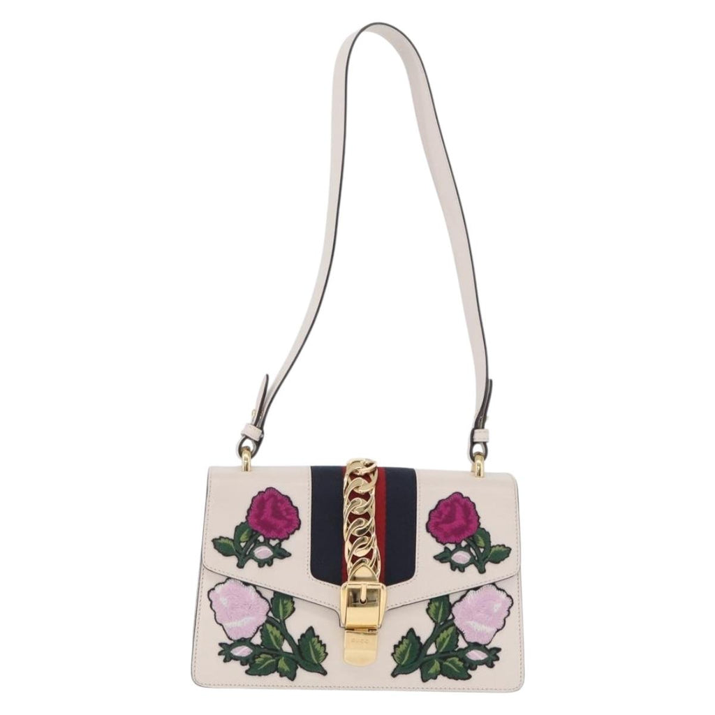 GUCCI Silvi Shoulder Bag Leather White Gold Tone 421882 Auth bs37879A