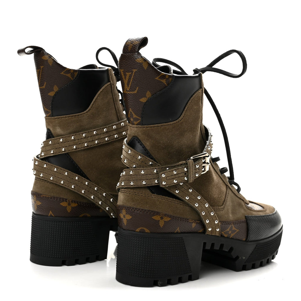 Suede Calfskin Monogram Laureate Platform Desert Boots 38 Kaki