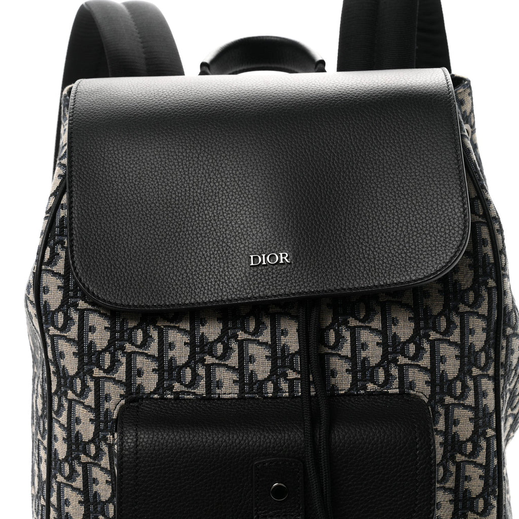 Oblique Jacquard Grained Calfskin Drawstring Saddle Backpack Beige Black