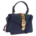 GUCCI Web Sherry Line Silvi Hand Bag Leather 2way Navy Gold 470270 Auth ep16604V