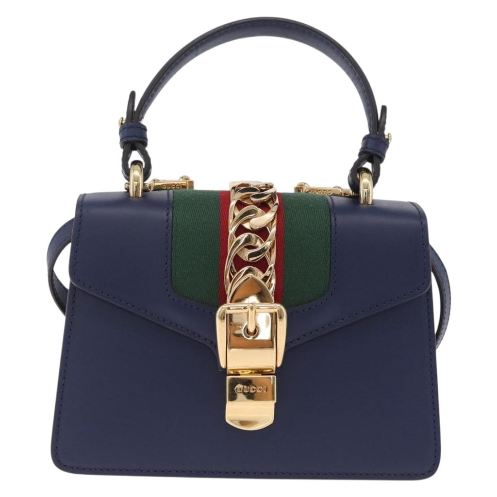 GUCCI Web Sherry Line Silvi Hand Bag Leather 2way Navy Gold 470270 Auth ep16604V