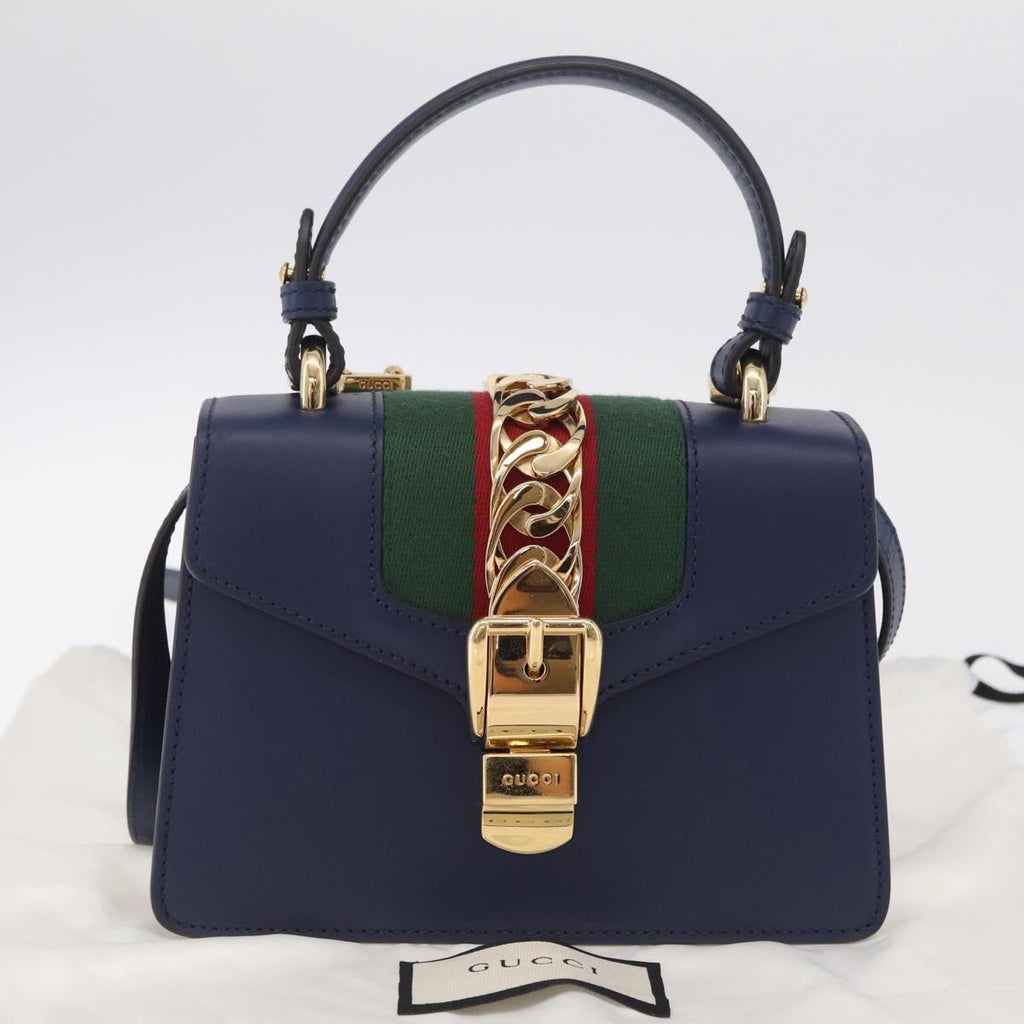 GUCCI Web Sherry Line Silvi Hand Bag Leather 2way Navy Gold 470270 Auth ep16604V