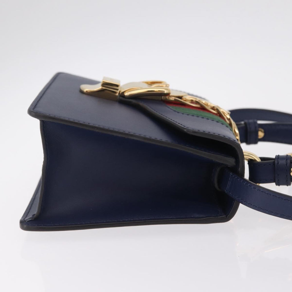 GUCCI Web Sherry Line Silvi Hand Bag Leather 2way Navy Gold 470270 Auth ep16604V