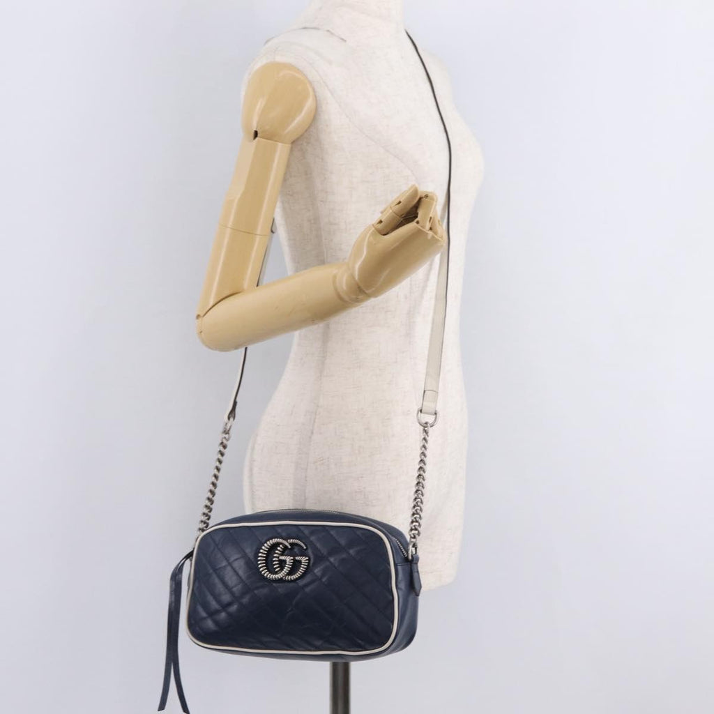 GUCCI GG Marmont Chain Shoulder Bag Leather Navy Silver 447632 Auth ep16640V