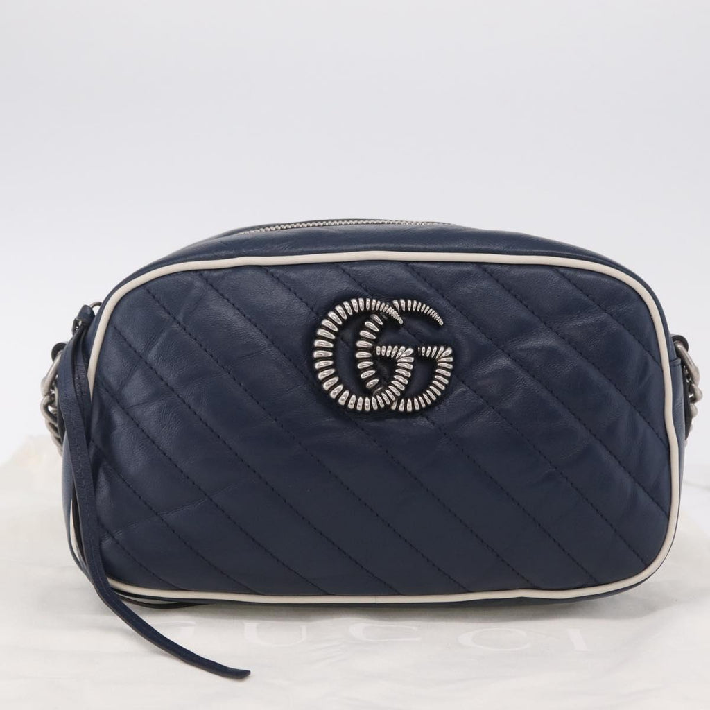GUCCI GG Marmont Chain Shoulder Bag Leather Navy Silver 447632 Auth ep16640V