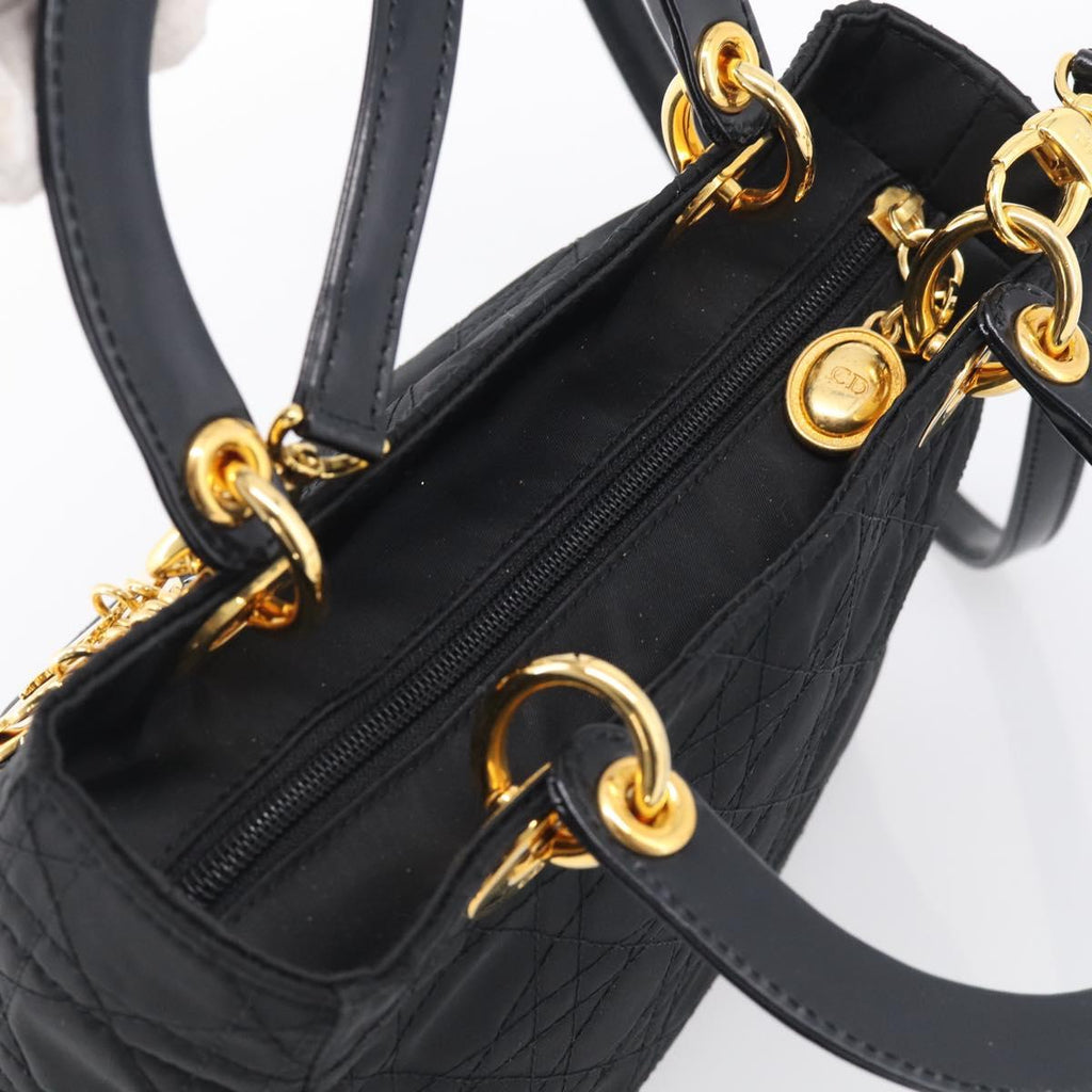 Christian Dior Lady Dior Canage Hand Bag Nylon 2way Black Gold Auth ep16794V
