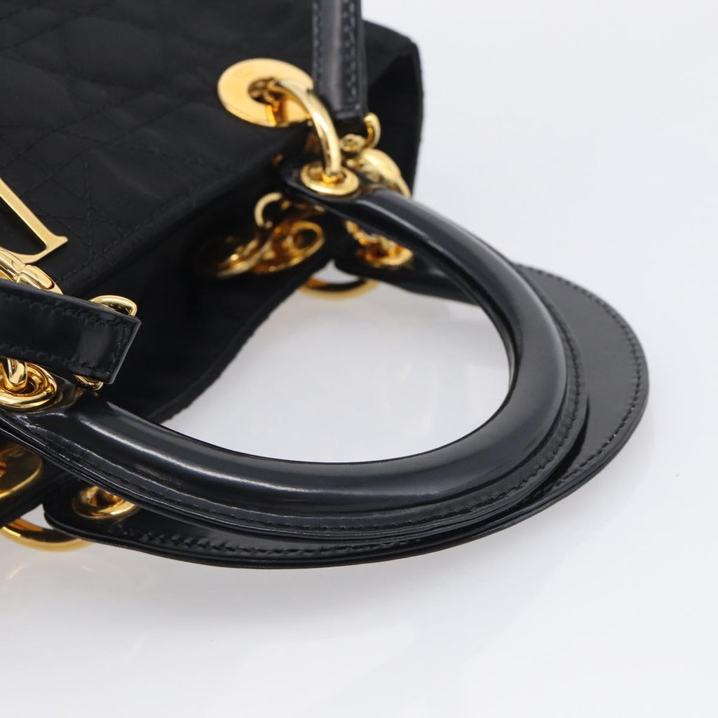 Christian Dior Lady Dior Canage Hand Bag Nylon 2way Black Gold Auth ep16794V