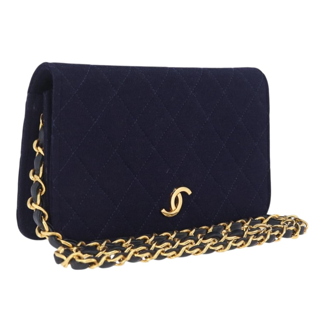 CHANEL Matelasse Chain Shoulder Bag Cotton Navy Gold CC Auth fm5491