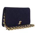CHANEL Matelasse Chain Shoulder Bag Cotton Navy Gold CC Auth fm5491