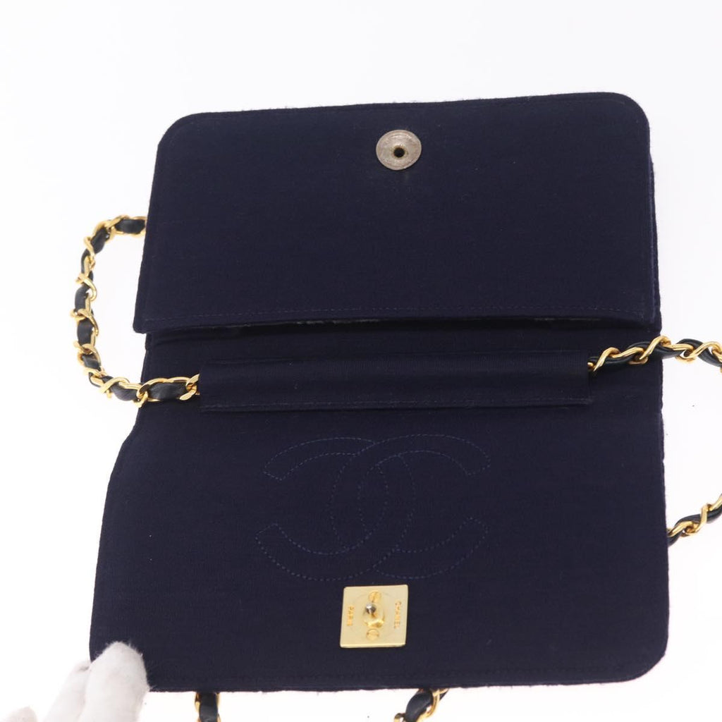 CHANEL Matelasse Chain Shoulder Bag Cotton Navy Gold CC Auth fm5491