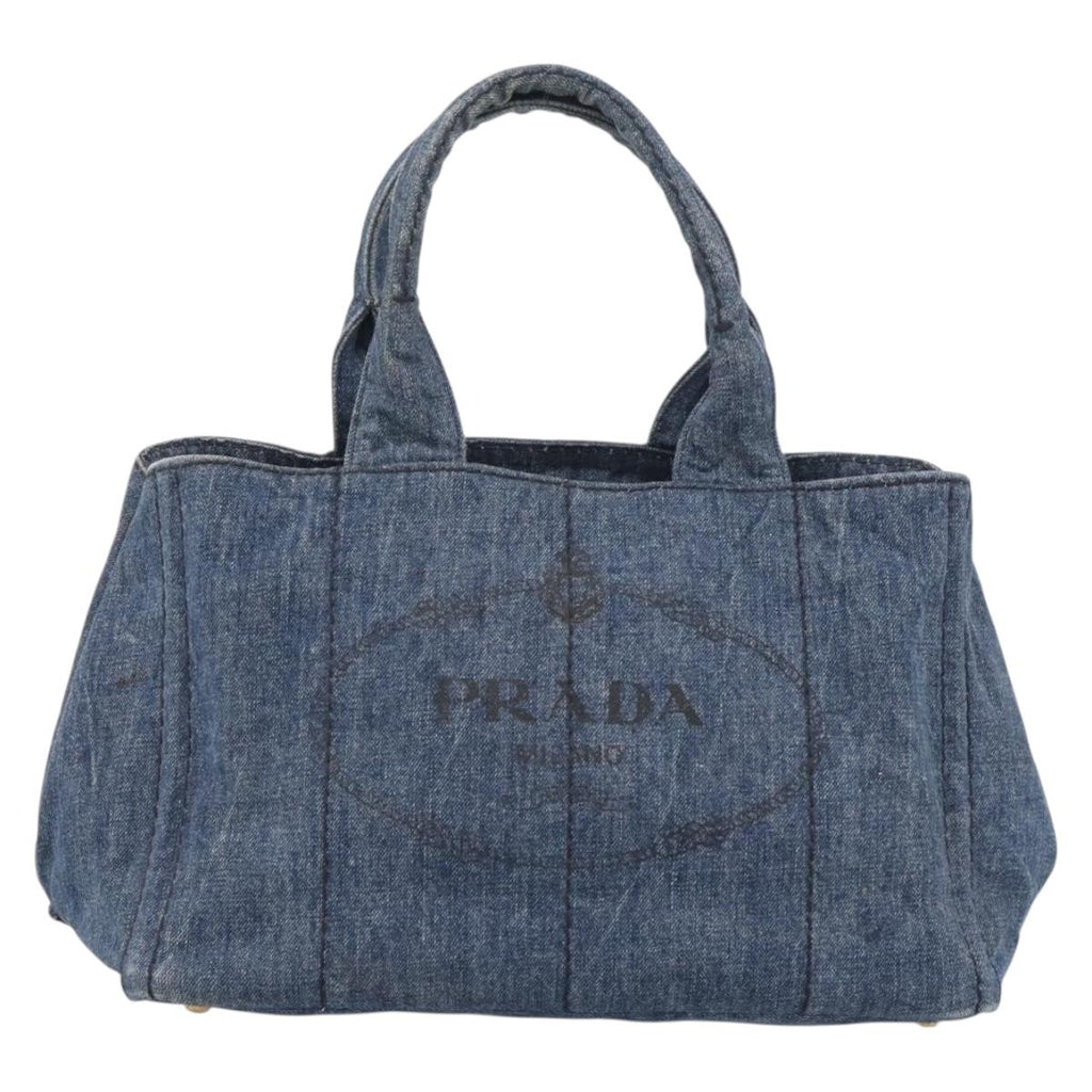 PRADA Canapa MM Hand Bag Denim Blue Gold Auth ka6817