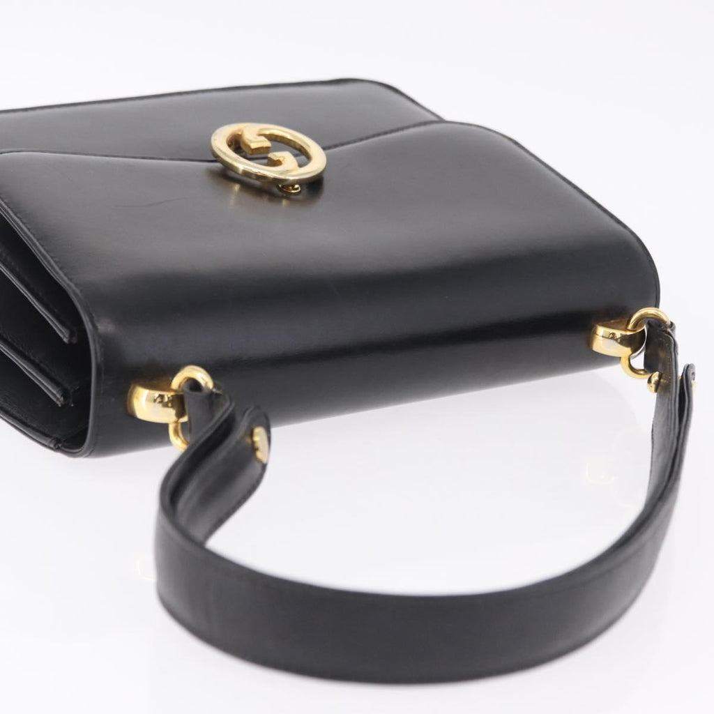 GUCCI Interlocking Shoulder Bag Leather Black Gold Auth ka6844
