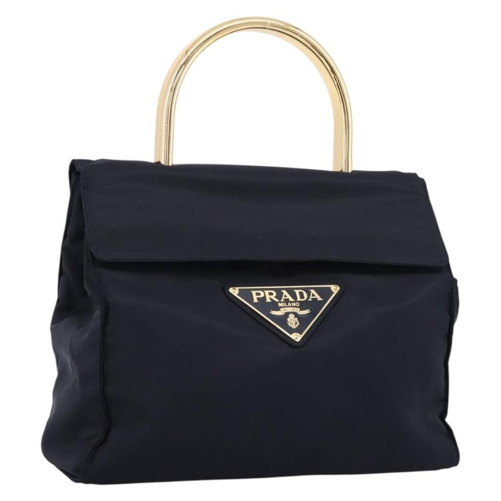 PRADA Pocono Hand Bag Nylon Navy Gold Auth mr2836