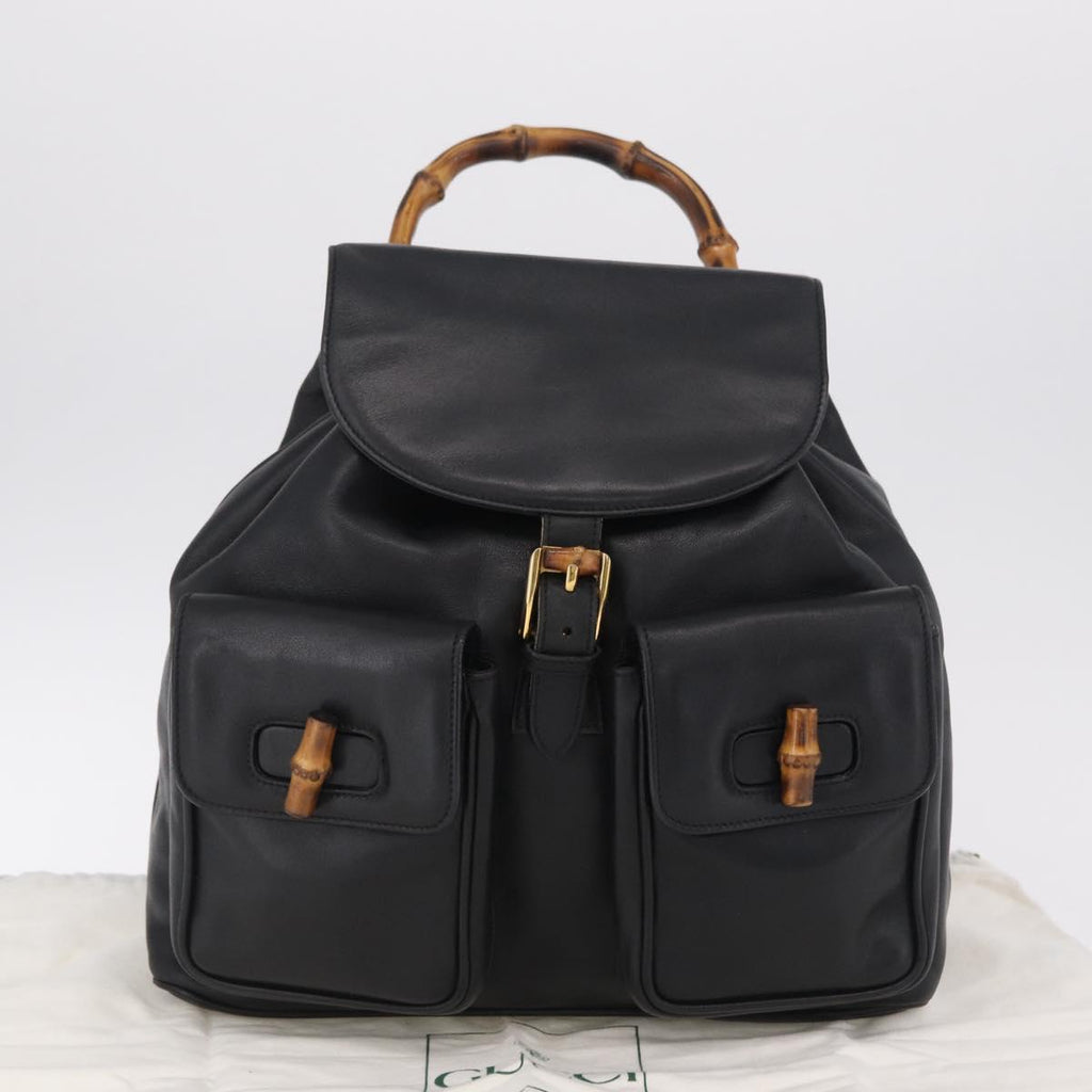 GUCCI Bamboo Backpack Leather Black Gold Tone 003 2058 0016 Auth mr3112