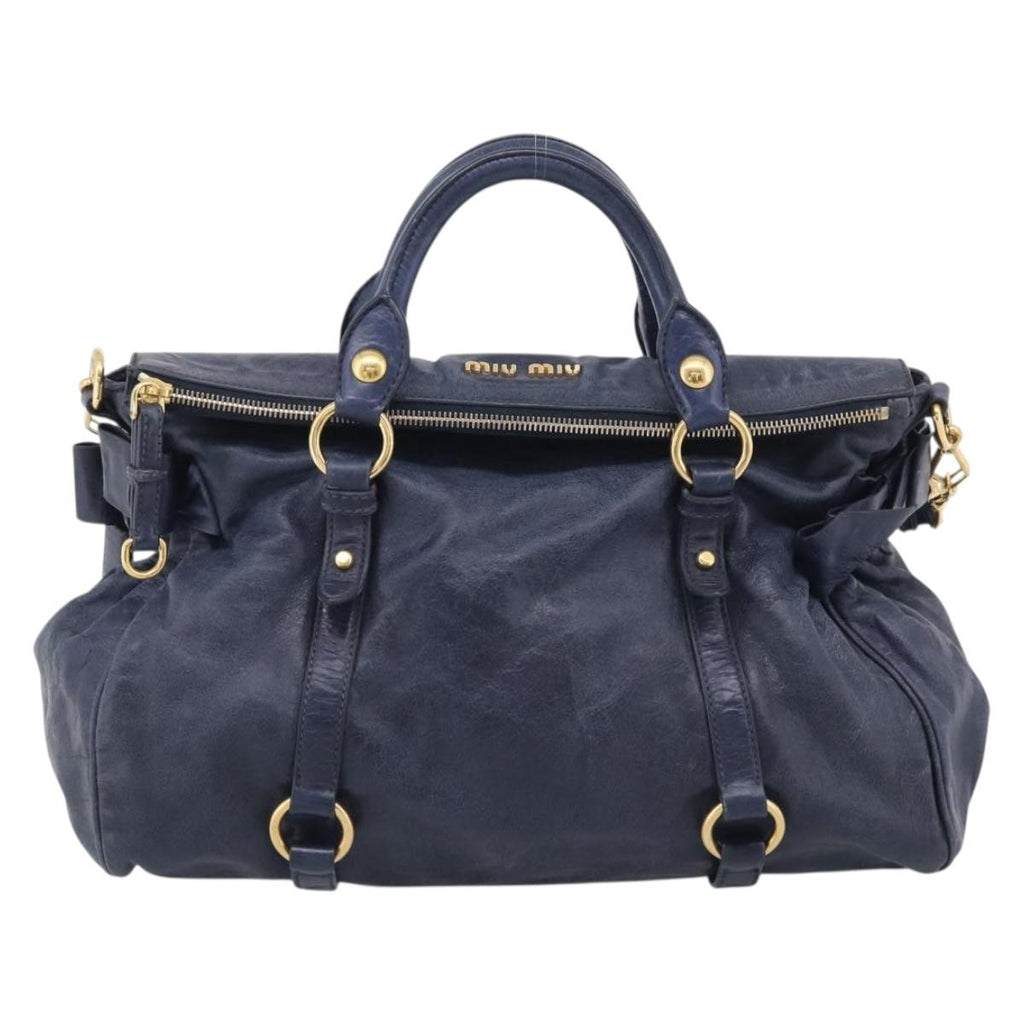Miu Miu Hand Bag Leather 2way Navy Gold Auth mr3145V