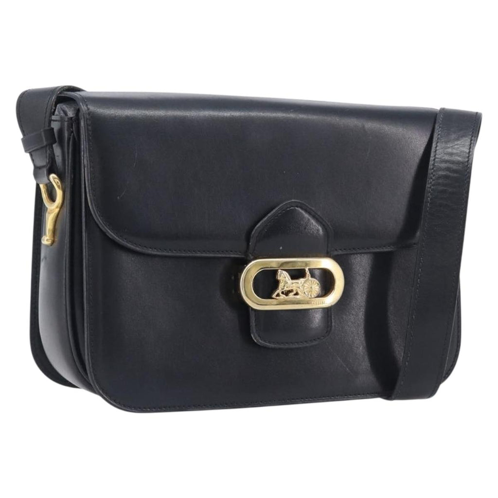 CELINE Horse Carriage Shoulder Bag Leather Black Gold Auth mr3168