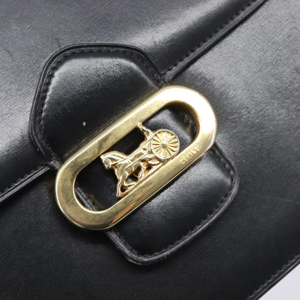 CELINE Horse Carriage Shoulder Bag Leather Black Gold Auth mr3168