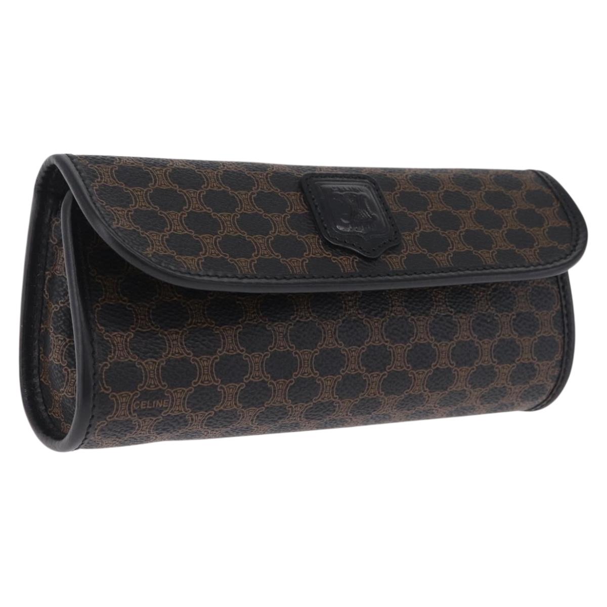 CELINE Macadam Canvas Pouch PVC Leather Black Gold Auth mr3184A