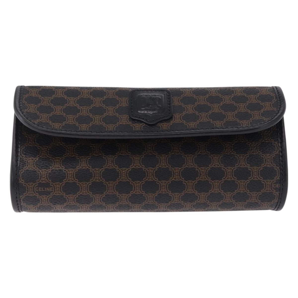 CELINE Macadam Canvas Pouch PVC Leather Black Gold Auth mr3184A