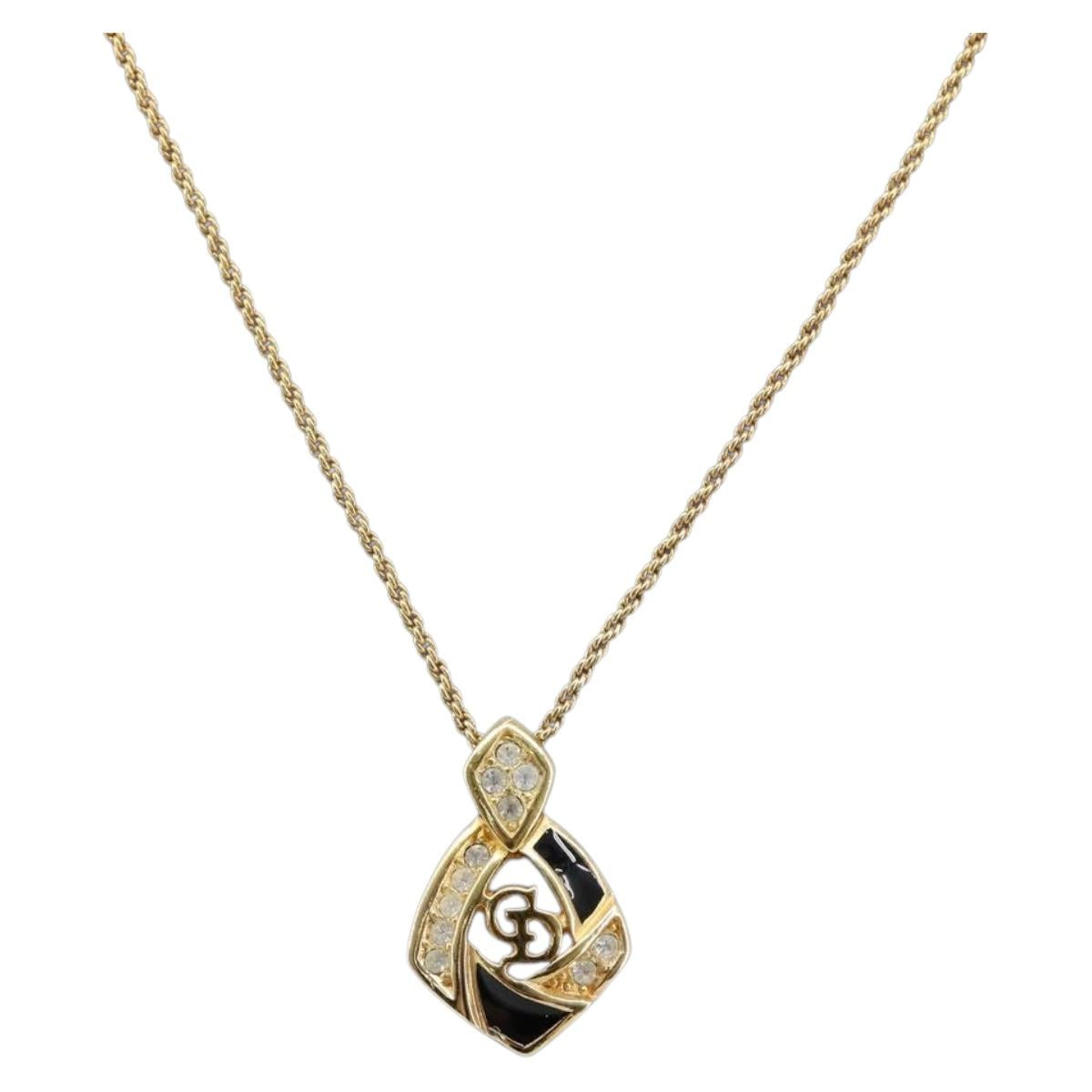 Christian Dior Rhinestone Necklace Metal Gold Tone Black Auth SK139V