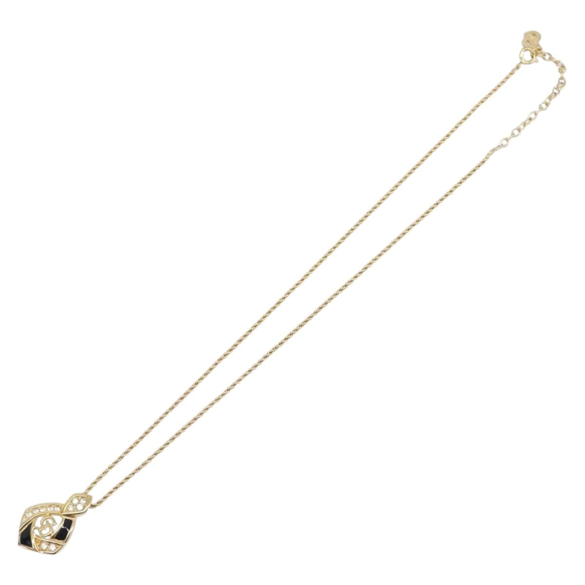 Christian Dior Rhinestone Necklace Metal Gold Tone Black Auth SK139V
