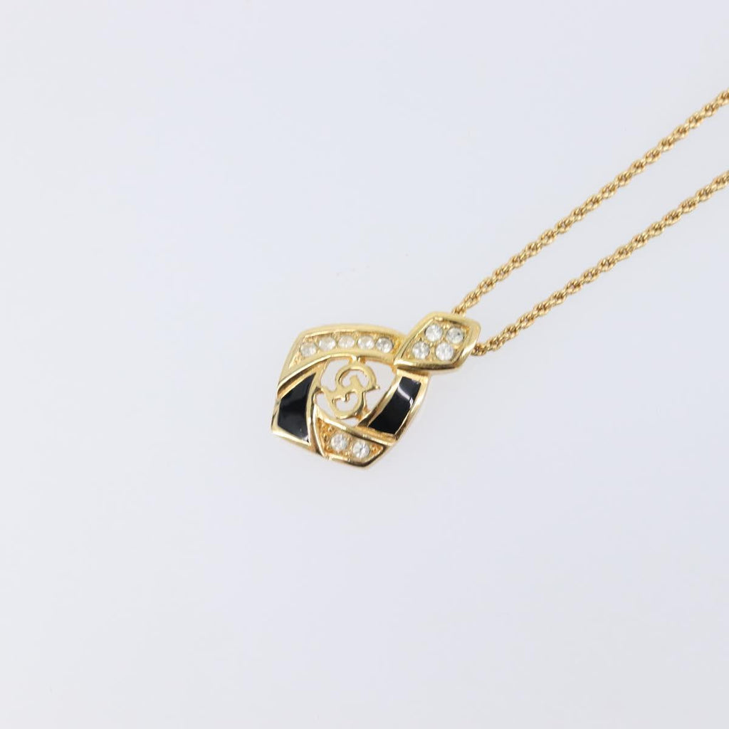 Christian Dior Rhinestone Necklace Metal Gold Tone Black Auth SK139V