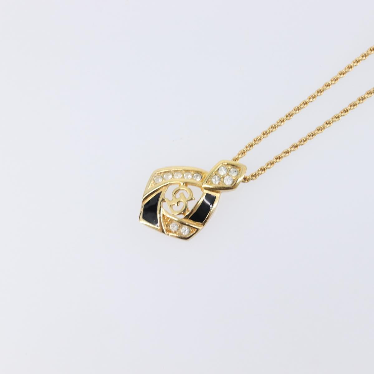 Christian Dior Rhinestone Necklace Metal Gold Tone Black Auth SK139V