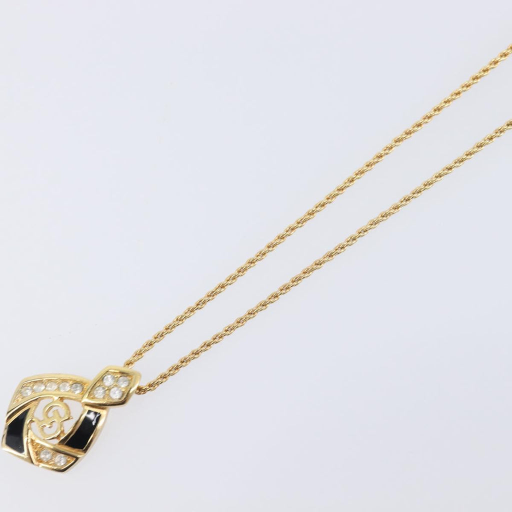Christian Dior Rhinestone Necklace Metal Gold Tone Black Auth SK139V