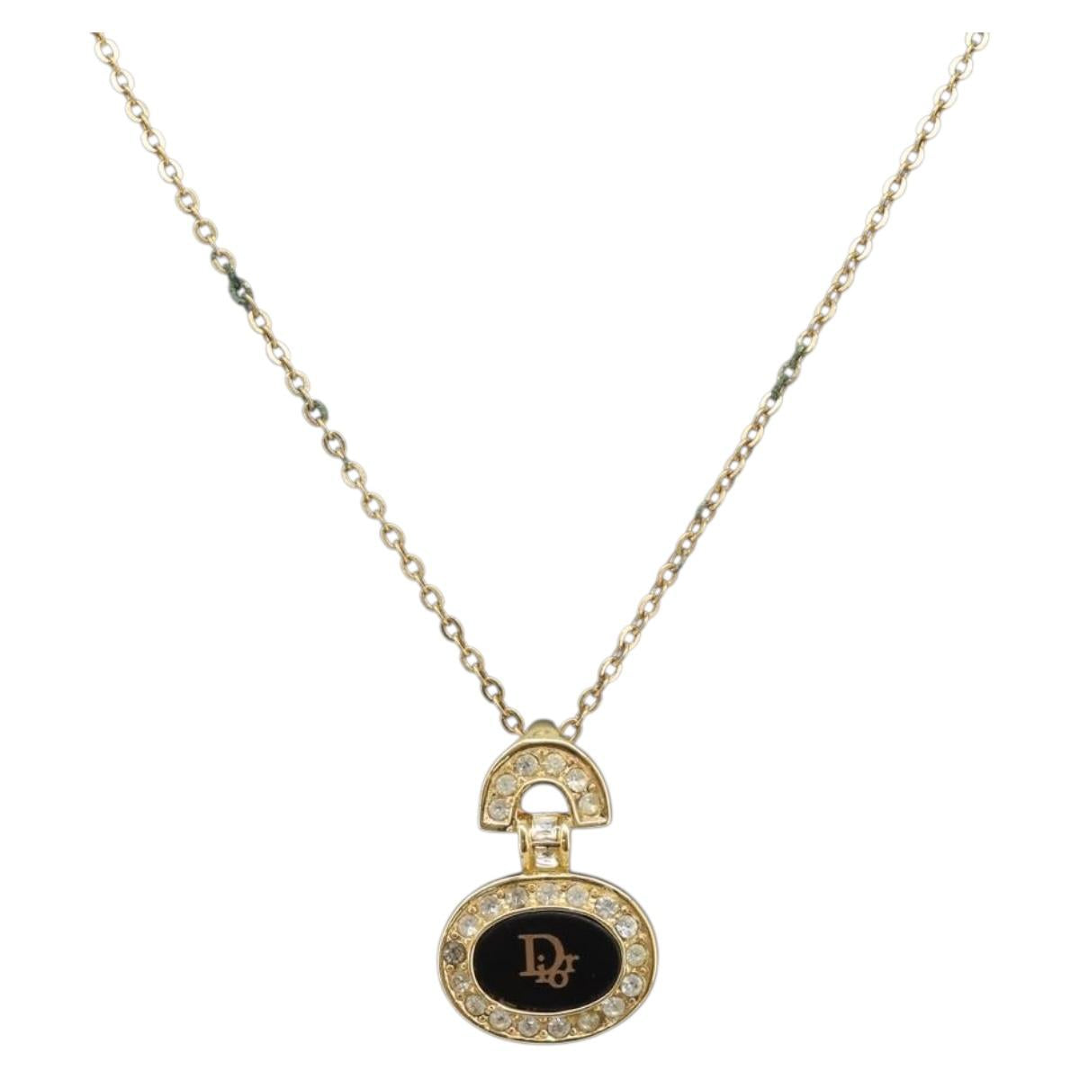 Christian Dior Rhinestone Necklace Metal Gold Tone Black Auth SK150