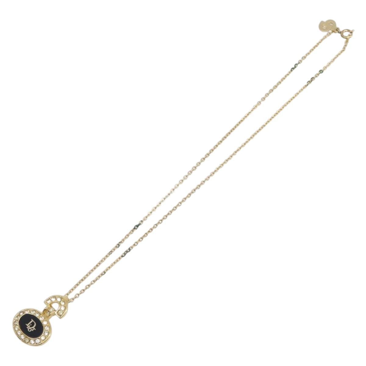 Christian Dior Rhinestone Necklace Metal Gold Tone Black Auth SK150