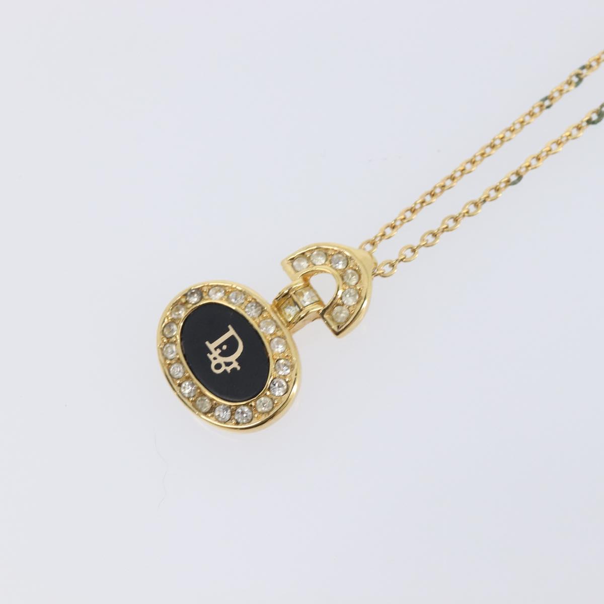 Christian Dior Rhinestone Necklace Metal Gold Tone Black Auth SK150