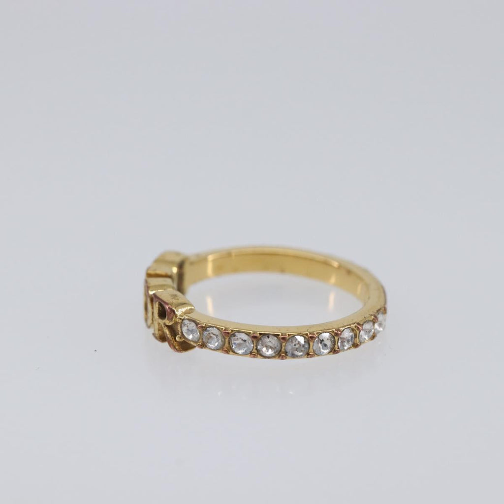 Christian Dior Logo rhinestone Ring Metal Gold Tone Auth SK180