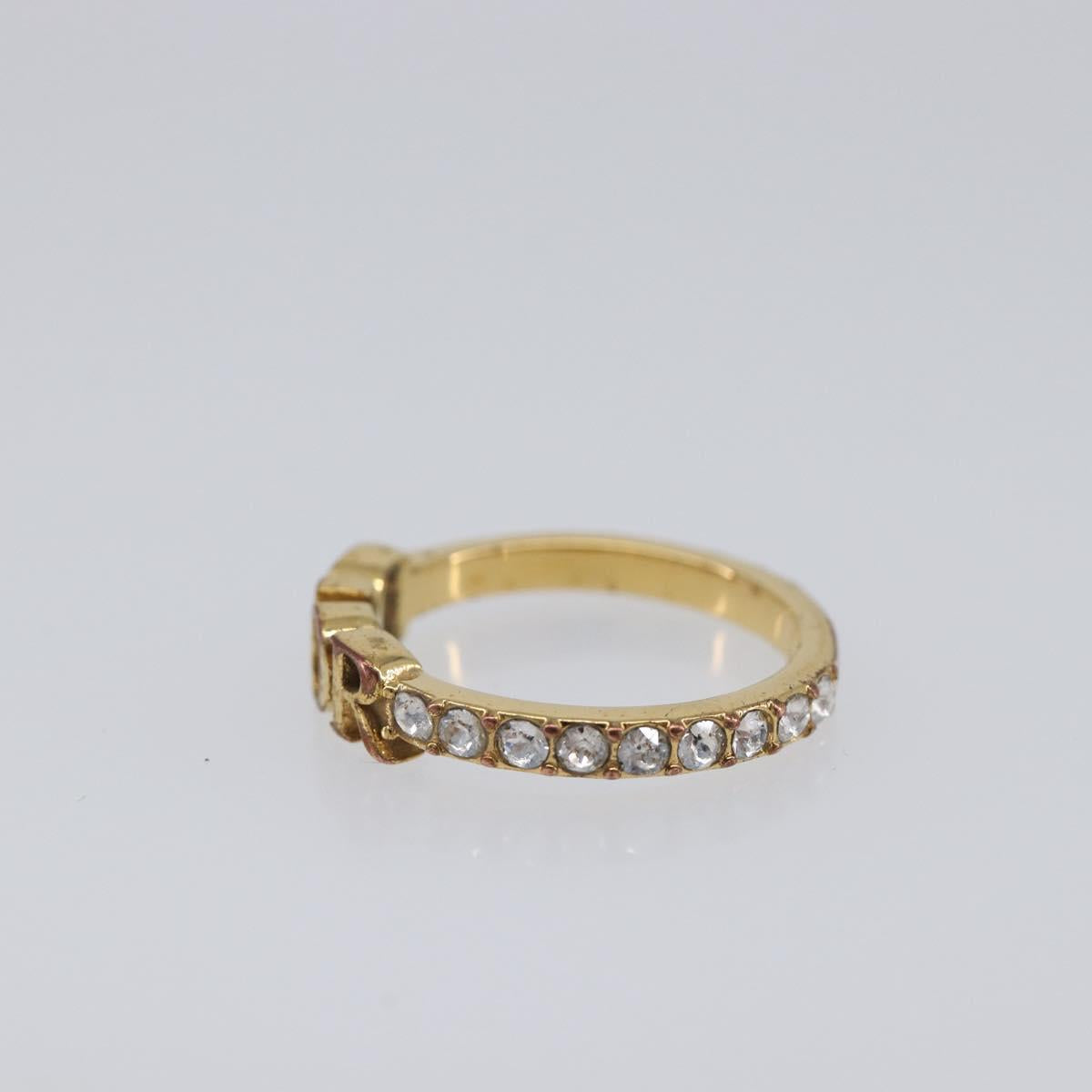Christian Dior Logo rhinestone Ring Metal Gold Tone Auth SK180