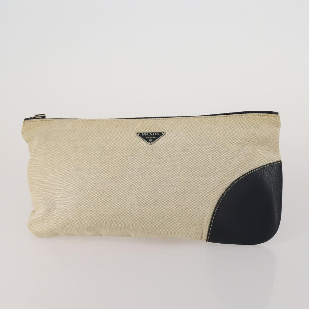 PRADA Clutch Bag Pouch Canvas Nylon 4 Set Beige Yellow Auth ti4021