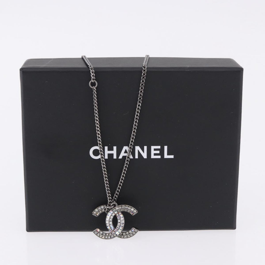 CHANEL COCO Mark Stone Necklace Metal Silver CC Auth yk20638M