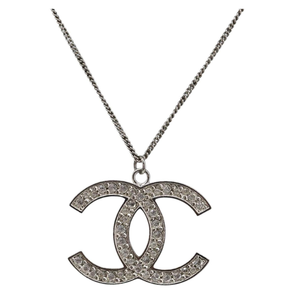 CHANEL COCO Mark Stone Necklace metal Silver CC Auth yk20721M