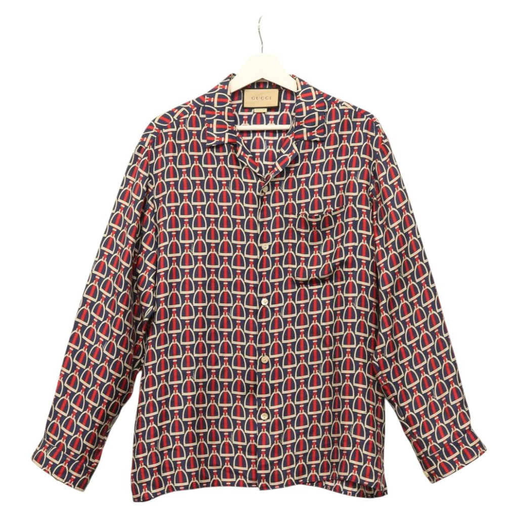 GUCCI Long Sleeved Shirt Silk 46 Red Navy Auth ym054M